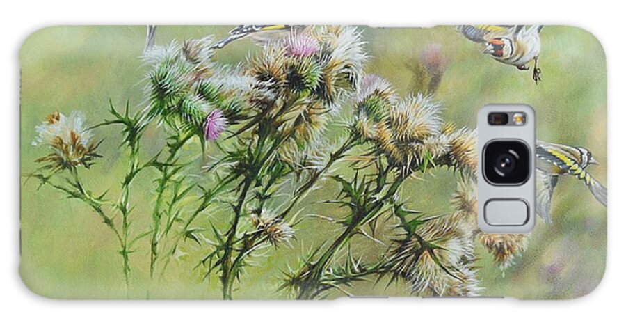 Wildlife Paintings Galaxy Case featuring the painting Goldfinches on Thistle by Alan M Hunt