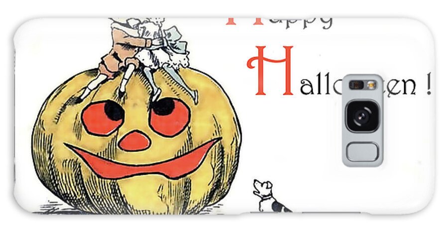 Vintage Postcard Galaxy Case featuring the mixed media Happy couple on a big pumpkin by Long Shot