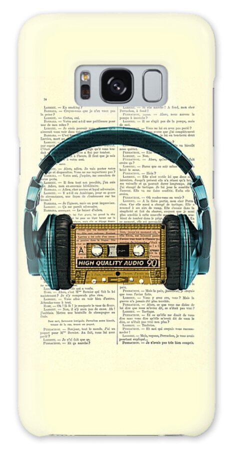 Headphone Galaxy Case featuring the digital art Blue headphone and yellow cassette collage print by Madame Memento