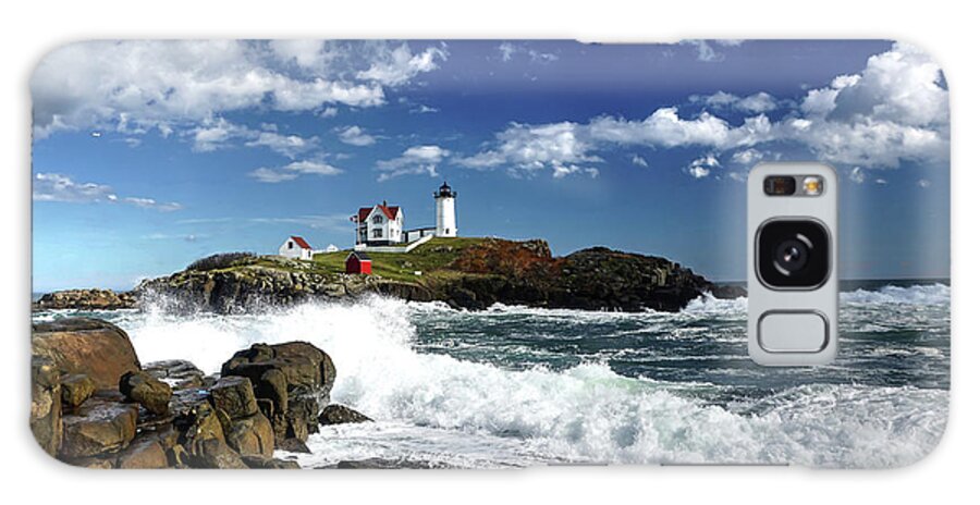 York Maine Nubble Lighthouse Surf Ocean Waves Seascape Galaxy Case featuring the photograph High Surf at Nubble Light by Wayne Marshall Chase