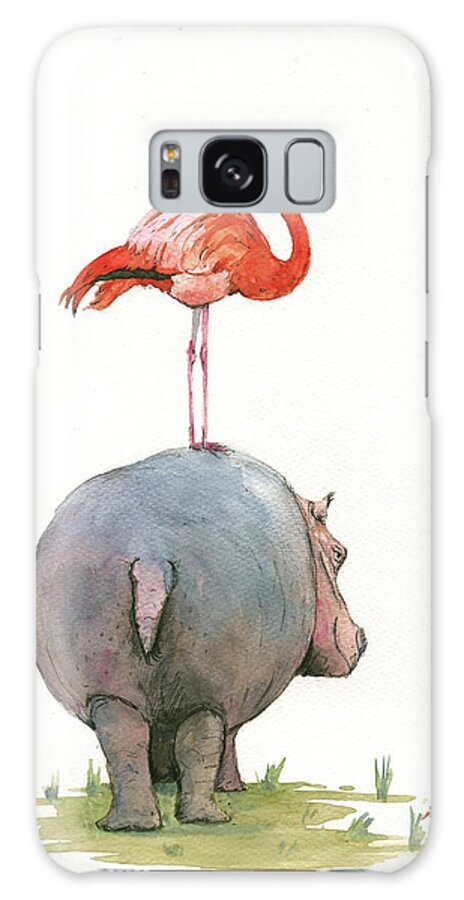 Hippo Art Galaxy Case featuring the painting Hippo with flamingo by Juan Bosco