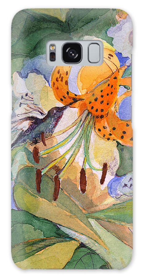 Floral Scene Galaxy Case featuring the painting Hummingbird with Flowers by Nancy Watson