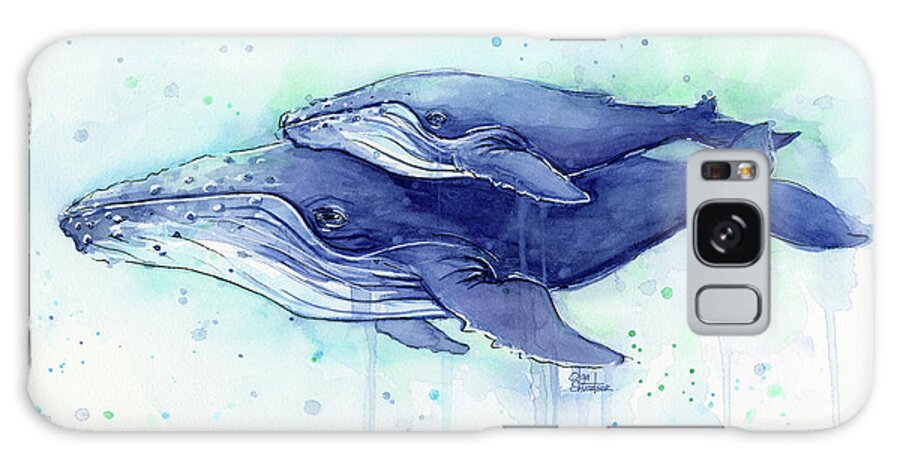 Whale Galaxy Case featuring the painting Humpback Whale Mom and Baby Watercolor by Olga Shvartsur