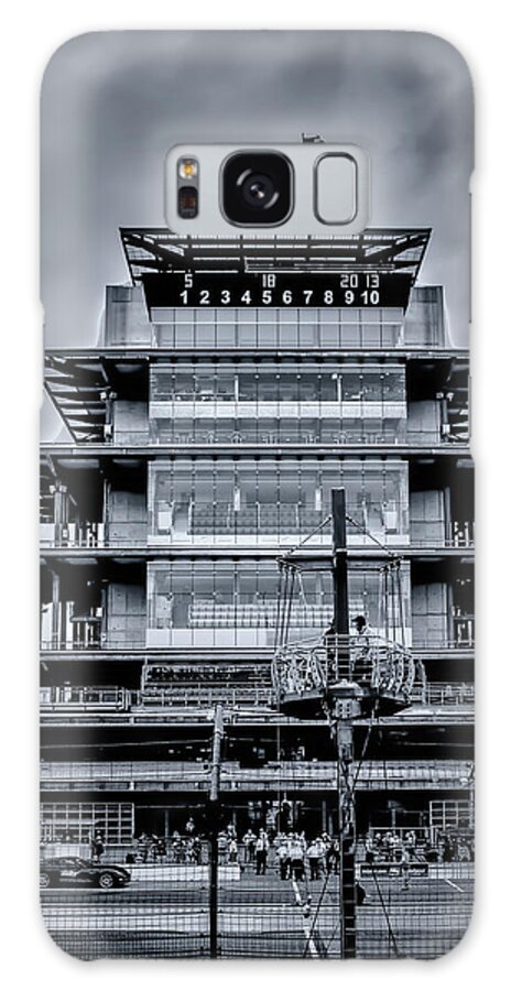 2013 Galaxy S8 Case featuring the photograph Indy 500 Pagoda - Black and White by Ron Pate
