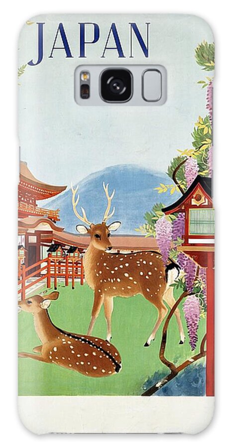 Japan Galaxy Case featuring the painting Japanese Garden with Spotted Deer and Violet Blossoms - Vintage Travel Poster - Landscape by Studio Grafiikka