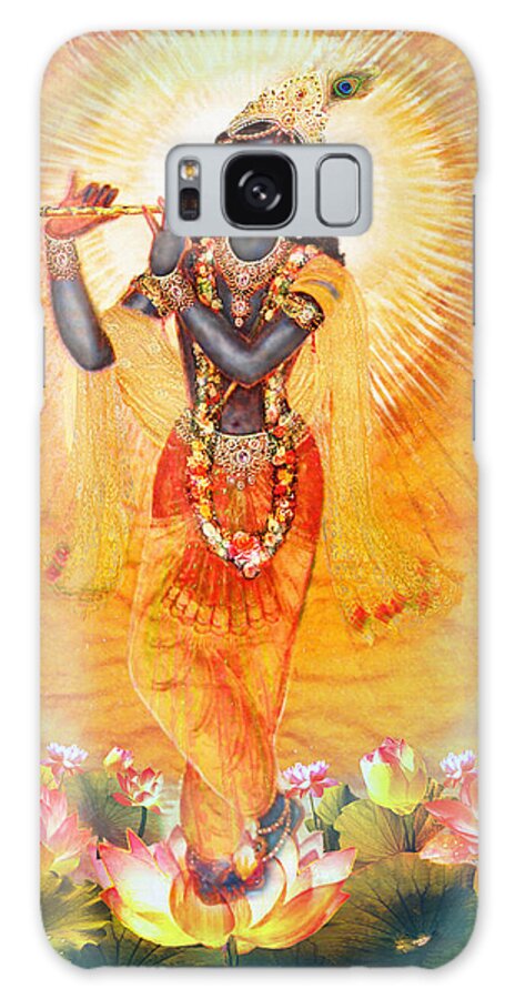 Krishna Galaxy Case featuring the mixed media Krishna with the Flute by Ananda Vdovic