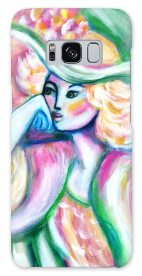 Lady In Flowered Hat Galaxy Case featuring the painting Lady in Pink and Green by Anya Heller