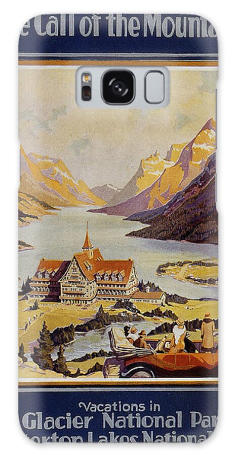 Glacier National Park Galaxy Case featuring the painting Landscape painting of a mansion by a lake shore in Glacier National Park- Vintage Travel Poster by Studio Grafiikka