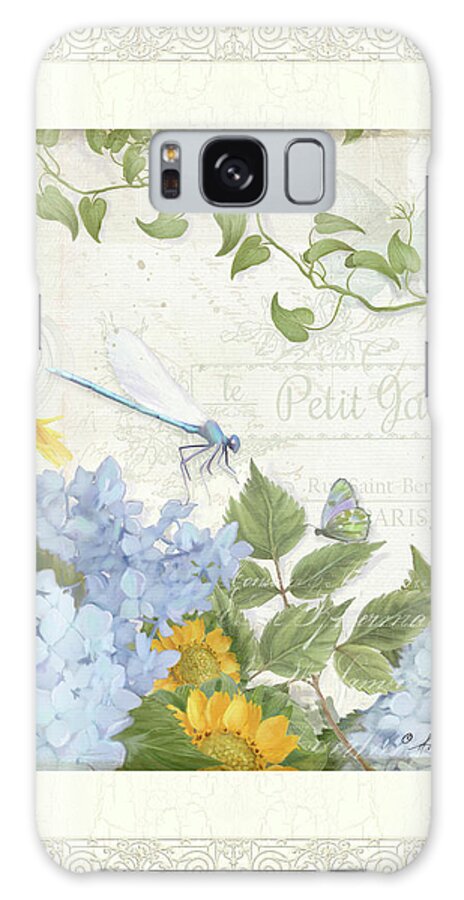 Le Petit Jardin Galaxy Case featuring the painting Le Petit Jardin 2 - Garden Floral W Dragonfly, Butterfly, Daisies And Blue Hydrangeas w Border by Audrey Jeanne Roberts
