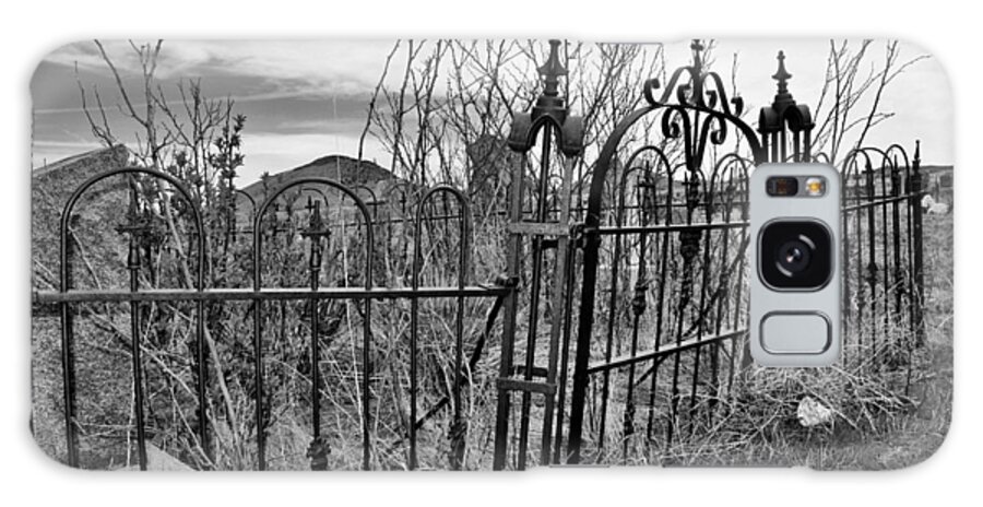 Cemetery B&w Galaxy Case featuring the photograph Leaning Cemetery Gate by Sandra Dalton