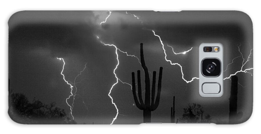 Saguaro Galaxy Case featuring the photograph Lightning Storm Saguaro Fine Art BW Photography by James BO Insogna
