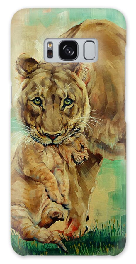 Lion Painting Galaxy Case featuring the painting Lioness And Cub by Margaret Stockdale