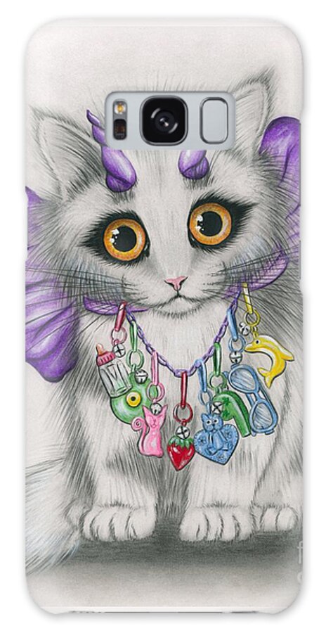Cute Kitten Galaxy Case featuring the mixed media Little Purple Horns - 1980s Cute Devil Kitten by Carrie Hawks