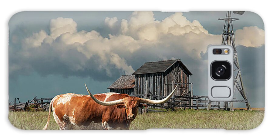 Art Galaxy Case featuring the photograph Longhorn Steer in a Prairie pasture by Windmill and Old Gray Wooden Barn by Randall Nyhof