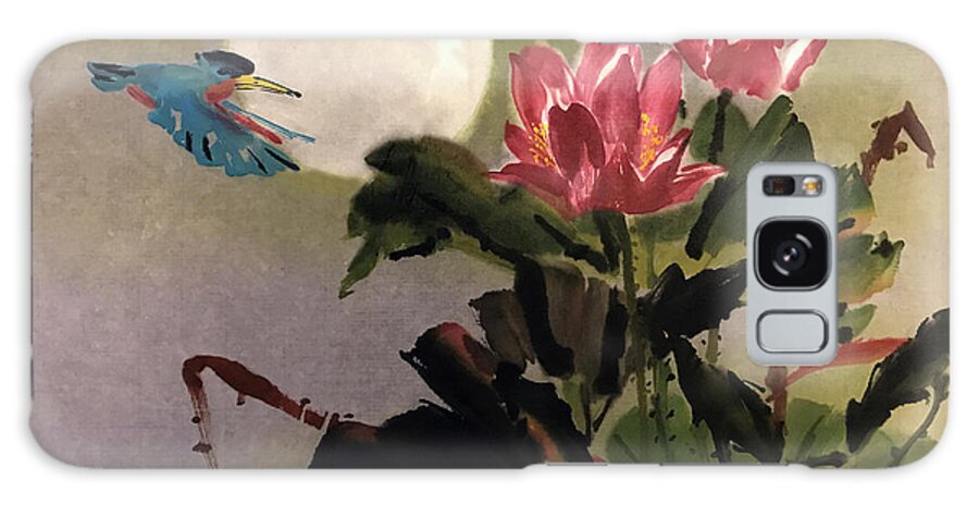 Lotus Galaxy Case featuring the painting Lotus and Kingfisher by Charlene Fuhrman-Schulz