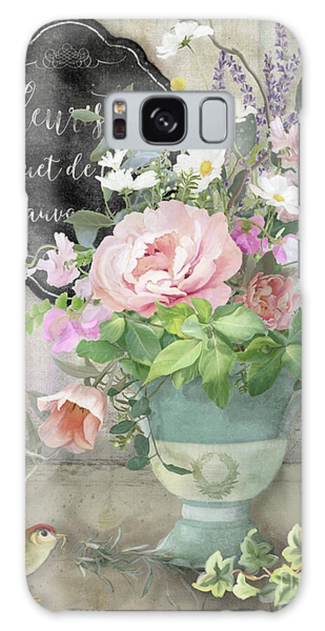 Marche Aux Fleurs Galaxy Case featuring the painting Marche aux Fleurs 3 Peony Tulips Sweet Peas Lavender and Bird by Audrey Jeanne Roberts