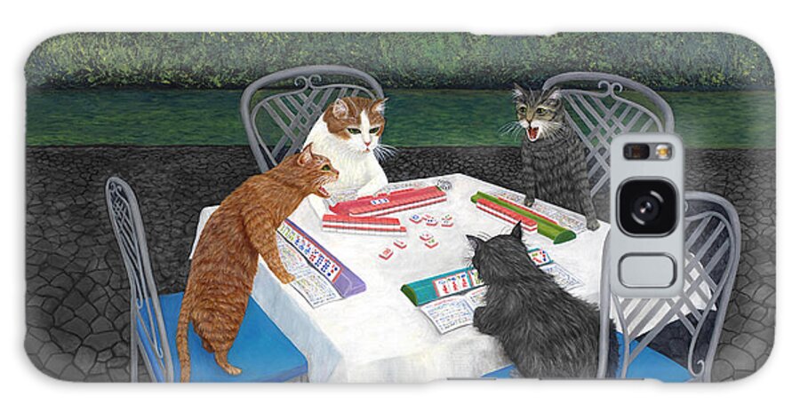 Cat Art Galaxy Case featuring the painting Meowjongg - Cats playing Mahjongg by Karen Zuk Rosenblatt