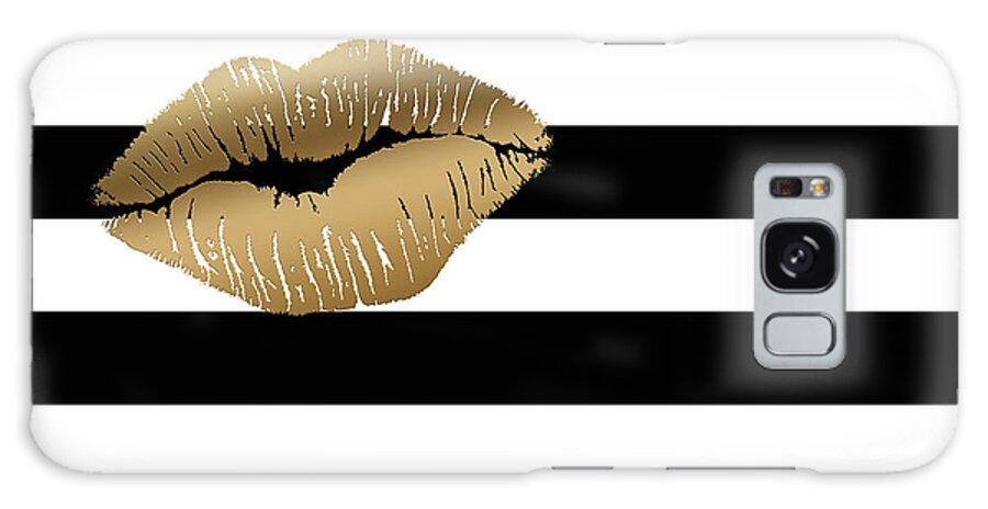 Black And White Stripes Galaxy Case featuring the painting Metallic Gold Lips Black and White Stripes by Georgeta Blanaru