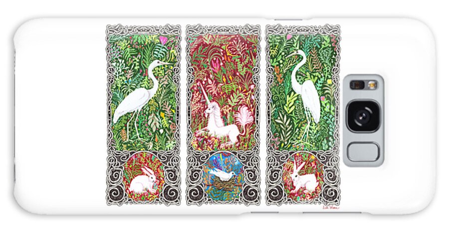 Lise Winne Galaxy Case featuring the drawing Millefleurs Triptych with Unicorn, Cranes, Rabbits and Dove by Lise Winne