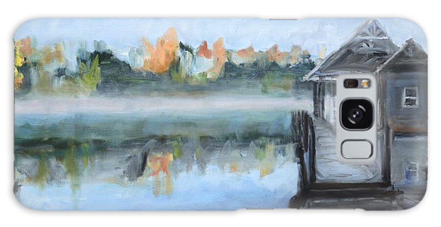 Lake Galaxy Case featuring the painting Misty Morning Dock at Smith Mountain Lake by Donna Tuten