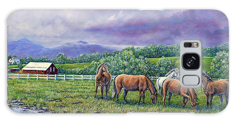 Landscape Mountains Farm Horses Barn Rain Clouds Stream Purple Green Grass Galaxy Case featuring the painting Mountain Rain by Gail Butler