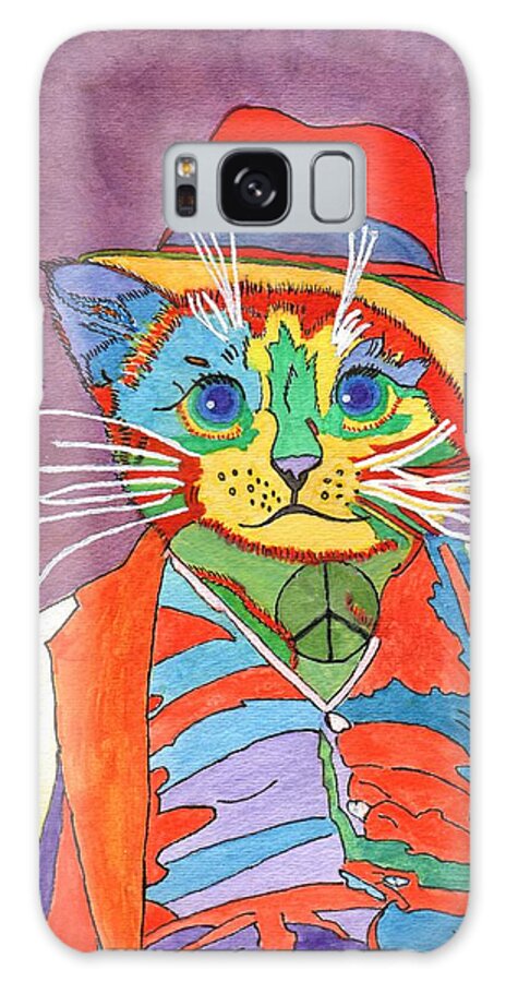 Purple Background Galaxy Case featuring the painting Mr.wisker For Peace by Connie Valasco