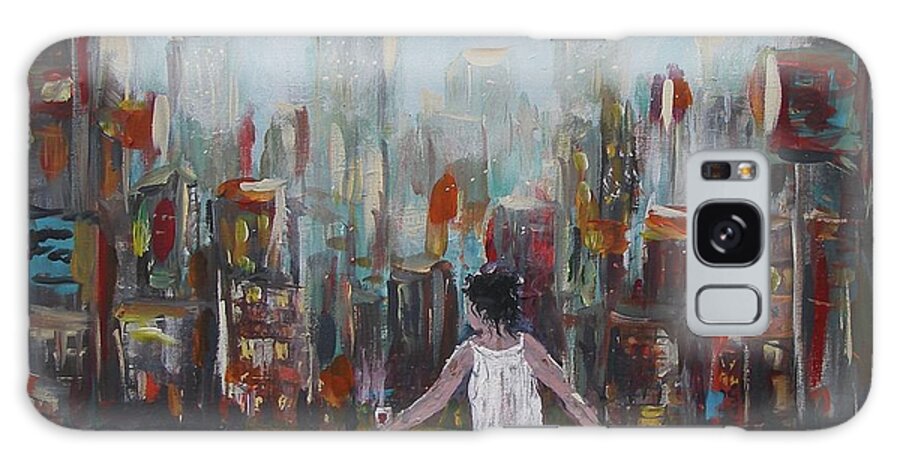 My View Balcony City Buildings Street Town Woman Look Nightdress White Lights Traffic Glass Of Red Wine Landscape Urban Acrylic On Canvas Print Painting Colors New York Manhattan Galaxy Case featuring the painting My View by Miroslaw Chelchowski