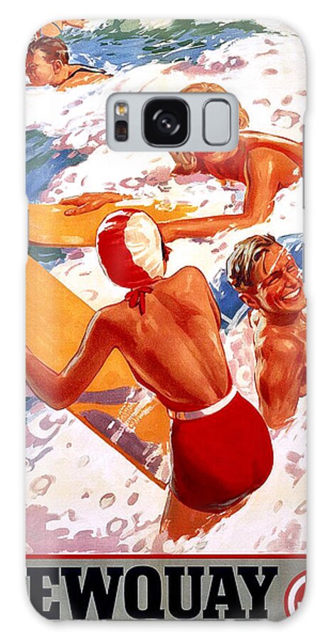 Newquay Galaxy Case featuring the painting Newquay on the Cornish Coast, water plays, travel poster by Long Shot