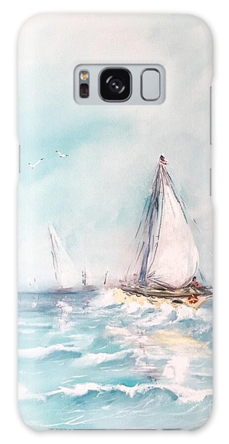 Ocean Blues Water Sea Sailing Ship Boat Wave Blue White Harbor Seascape Sky Cloud Acrylic On Canvas Print Painting Galaxy S8 Case featuring the painting Ocean blues by Miroslaw Chelchowski