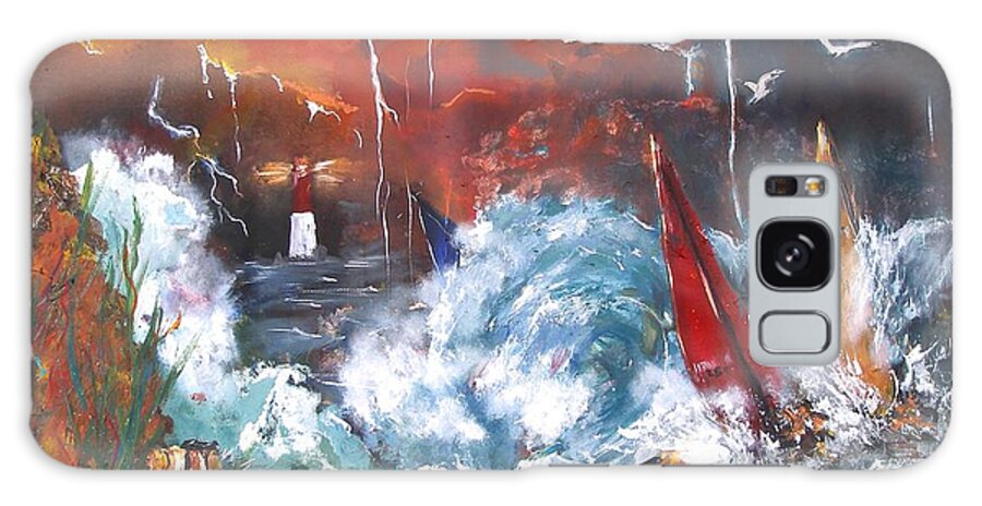 Ocean Fury Wave Disaster Storm Clouds Night Evening Rain Lighthouse Wind Surfing Sharks Fish Seaweed Seagull Water Galaxy Case featuring the painting Ocean Fury by Miroslaw Chelchowski
