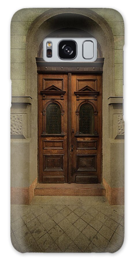Gate Galaxy Case featuring the photograph Old ornamented wooden gate in brown tones by Jaroslaw Blaminsky