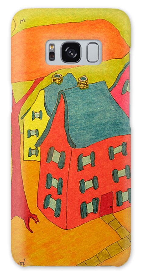 Hagood Galaxy Case featuring the painting Orange Umbrella Tree And Three Homes by Lew Hagood