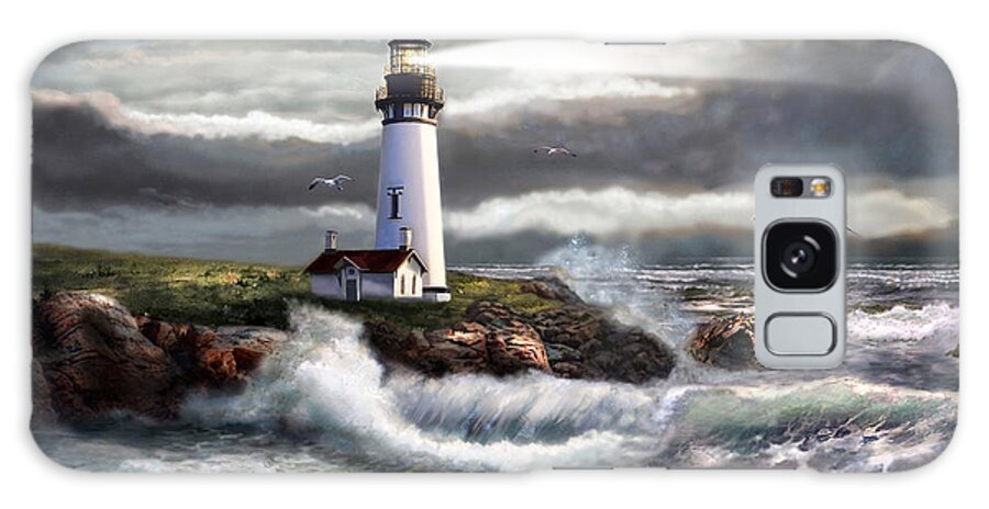 Evening Seascape Galaxy Case featuring the painting Oregon Lighthouse Beam of hope by Regina Femrite