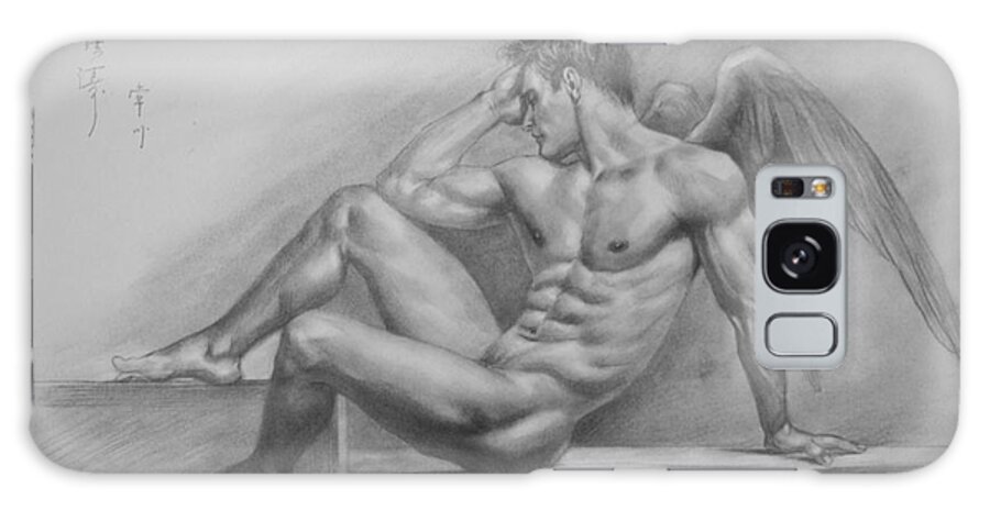 On Paper Galaxy Case featuring the painting Original Charcoal Drawing Art Angel Of Male Nude On Paper #16-3-11-18 by Hongtao Huang