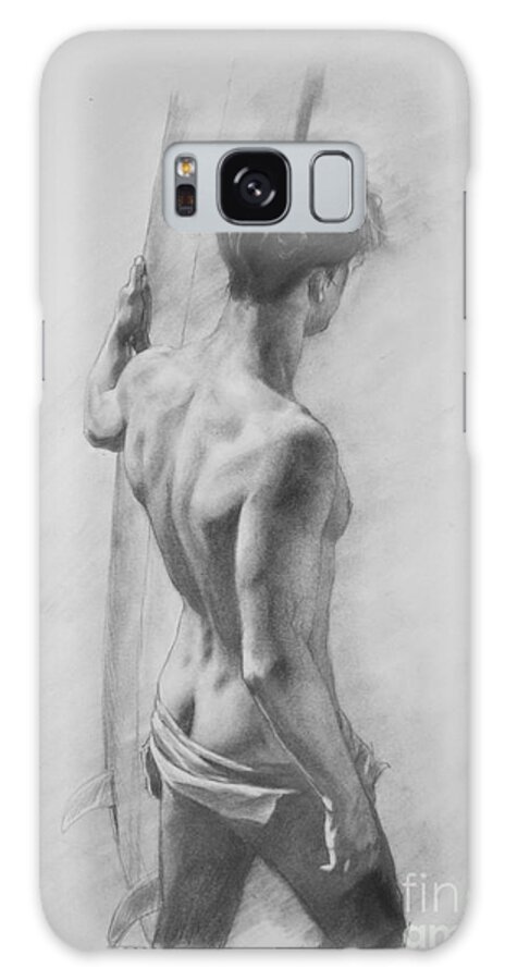 Drawing Galaxy Case featuring the drawing Original Charcoal Drawing Art Male Nude On Paper #16-3-11-12 by Hongtao Huang
