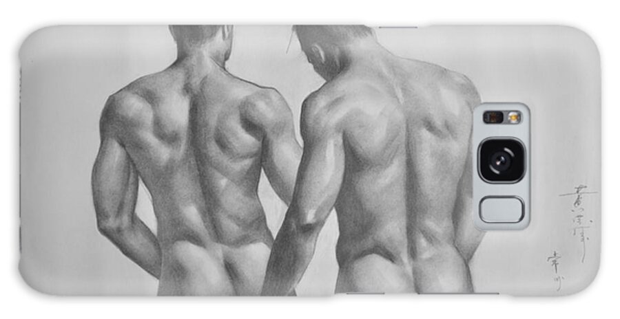 Original Art Galaxy Case featuring the painting Original Drawing Sketch Charcoal Gay Interest Male Nude Man Art Pencil On Paper -0044 by Hongtao Huang