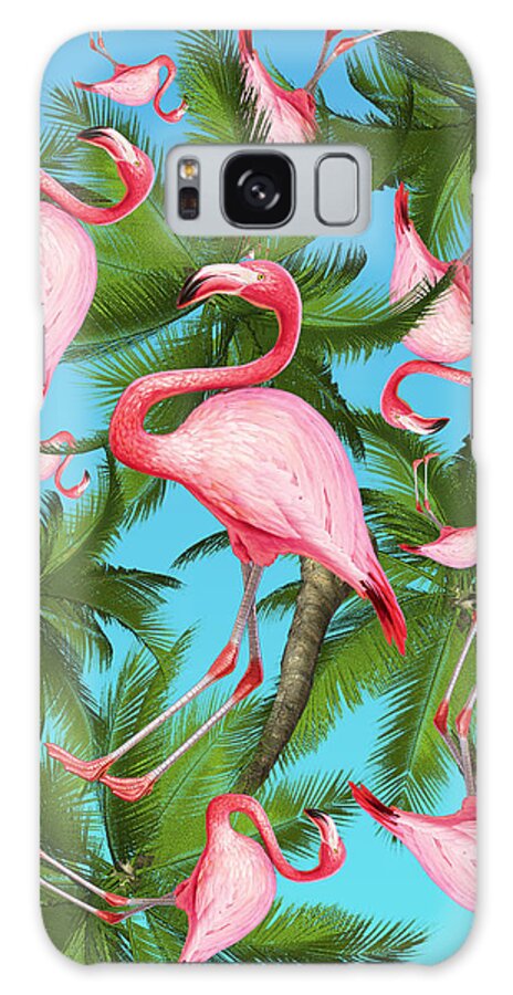  Summer Galaxy Case featuring the digital art Palm tree and flamingos by Mark Ashkenazi