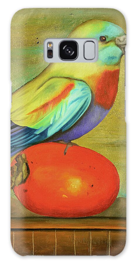 Parakeet Galaxy Case featuring the painting Parakeet On A Persimmon by Leah Saulnier The Painting Maniac