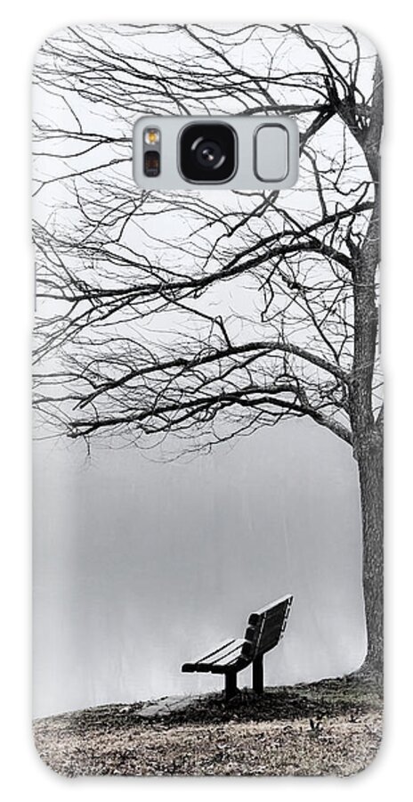 Greg Jackson Galaxy Case featuring the photograph Park Bench and Leafless Tree in Fog - Hi-Key by Greg Jackson