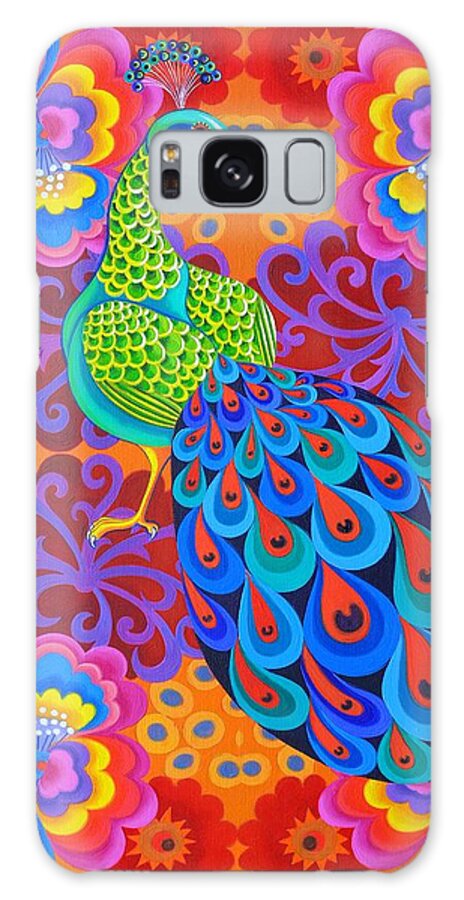 Peacock Galaxy Case featuring the painting Peacock with flowers by Jane Tattersfield