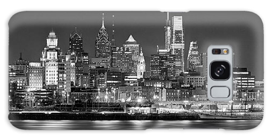 Philadelphia Skyline At Night Galaxy Case featuring the photograph Philadelphia Philly Skyline at Night from East Black and White BW by Jon Holiday