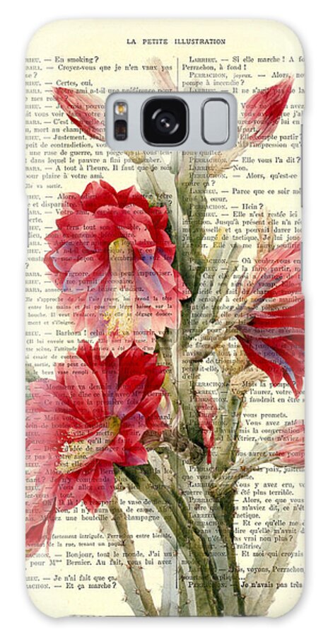Cactus Galaxy Case featuring the digital art Cactus With Pink Red Flowers Vintage Book Page Collage by Madame Memento