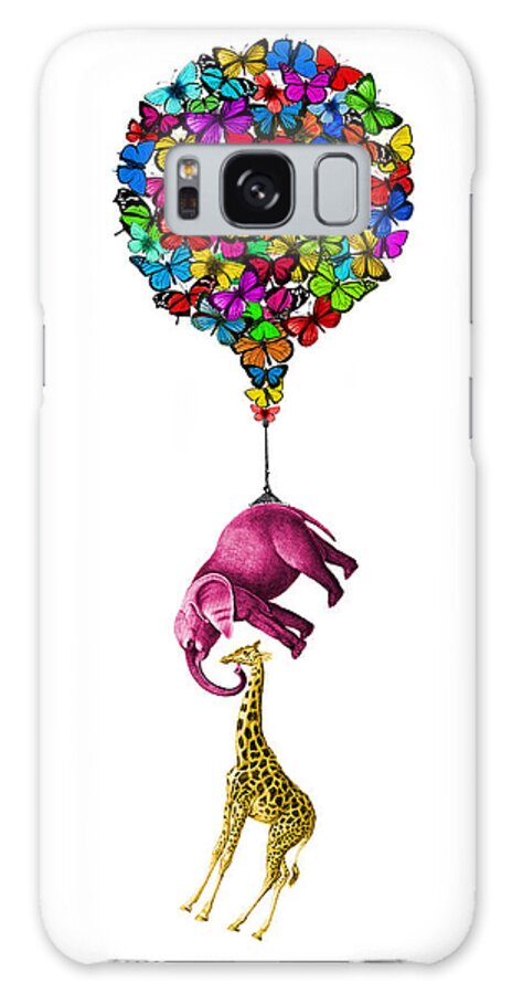 Pink Galaxy Case featuring the digital art Pink elephant and giraffe hanging from a butterfly balloon by Madame Memento