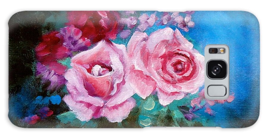 Pink Galaxy Case featuring the painting Pink Roses on Blue by Jenny Lee