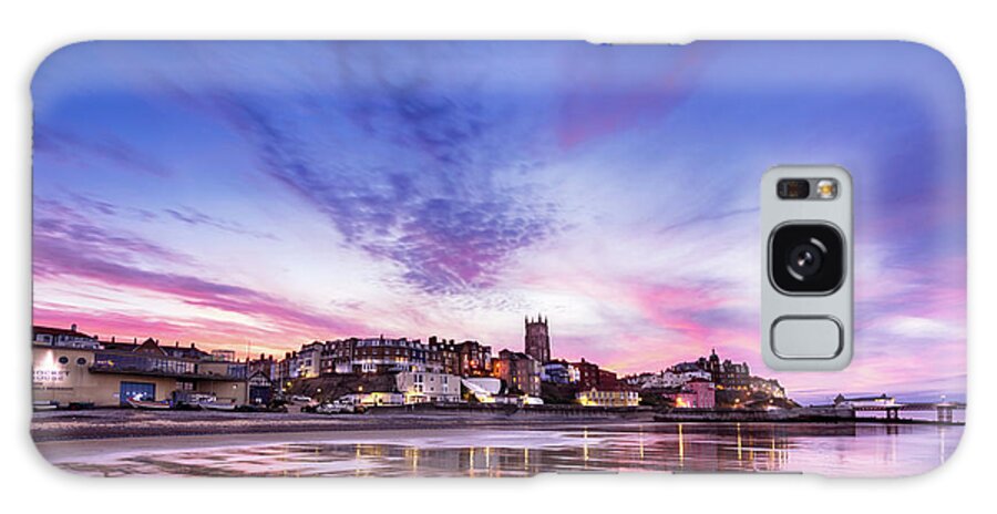 Cromer Galaxy Case featuring the photograph Pink sunset reflections over Cromer town at dusk by Simon Bratt