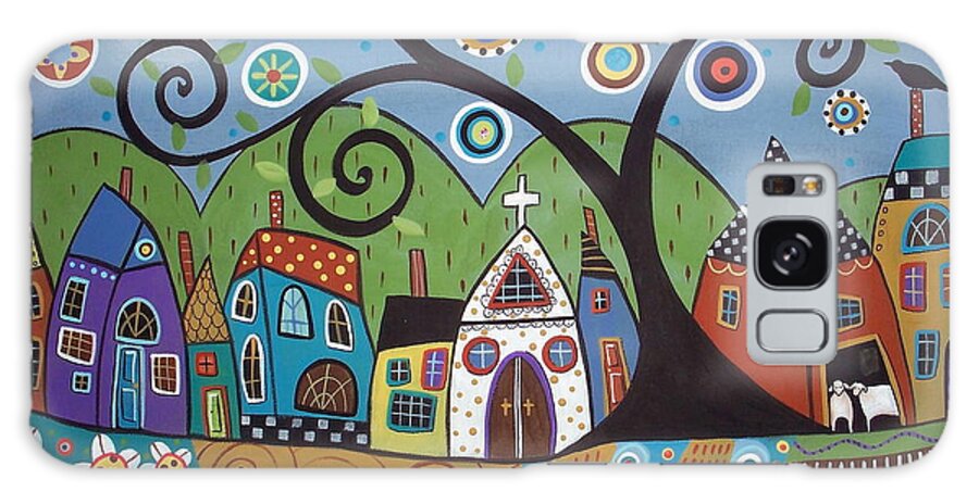 Church Saltboxes Houses Village Town Tree Swirl Tree Painting Acrylic Painting Buy Art Buy Prints Sheep Barn Houses Folk Art Abstract Modern Art Contemporary Painting Original Painting Colorful Art Unique Painting Colorful Houses Blooming Tree Flowering Tree Blackbird Karla G Stripes Swirls Mountains Pillows Prints For Sale Galaxy Case featuring the painting Polkadot Church by Karla Gerard