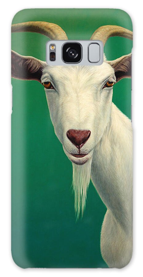 Goat Farm Animal Mammal Billy Goat White Green Animal Nature Wildlife James W Johnson Popular Famous Galaxy Case featuring the painting Portrait of a Goat by James W Johnson