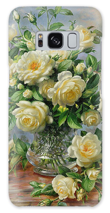 In Honour Of Lady Diana Spencer (1961-97); Still Life; Flower; Rose; Arrangement; Princess Of Wales (1981-96); Homage; Yellow; Flowers; Leafs Galaxy Case featuring the painting Princess Diana Roses in a Cut Glass Vase by Albert Williams