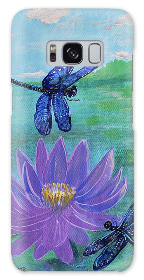 Dragonflies Galaxy S8 Case featuring the painting Purple Water lily and Dragonflies by Robin Pedrero