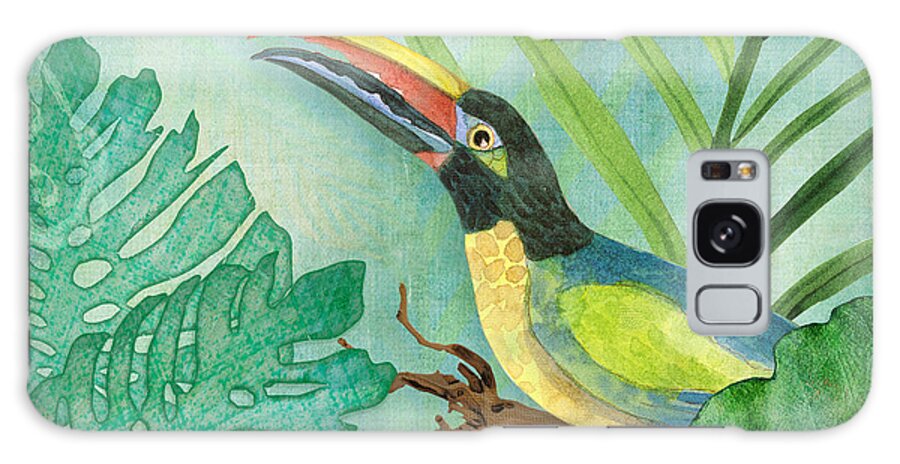 Square Format Galaxy Case featuring the painting Rainforest Tropical - Jungle Toucan w Philodendron Elephant Ear and Palm Leaves 2 by Audrey Jeanne Roberts